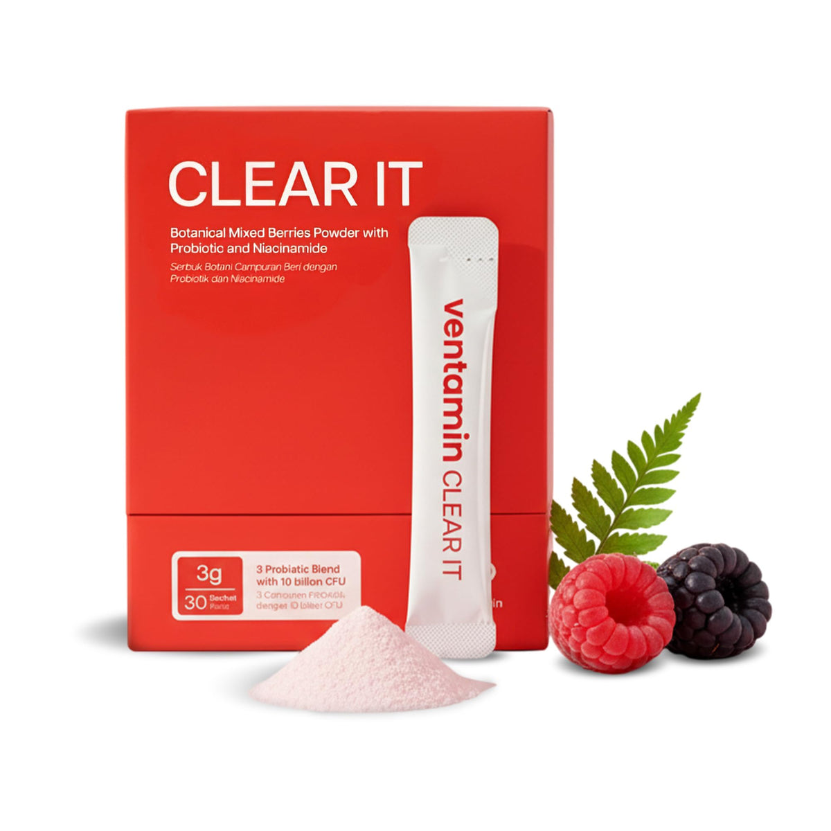 Ventamin Clear It sachets berry flavor for convenient daily detox supporting clear skin.