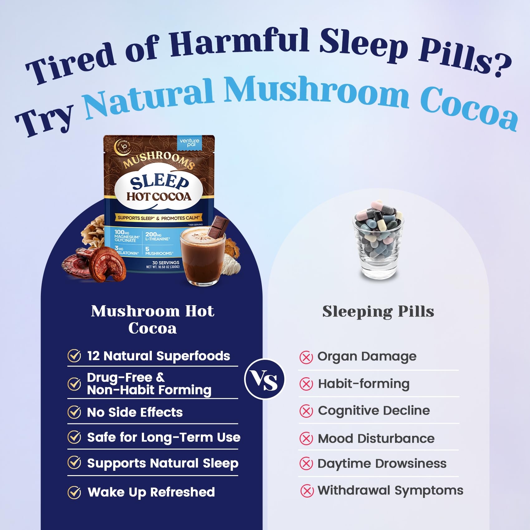 Venture Pal Mushroom Cocoa cup steaming, inviting a soothing bedtime drink.