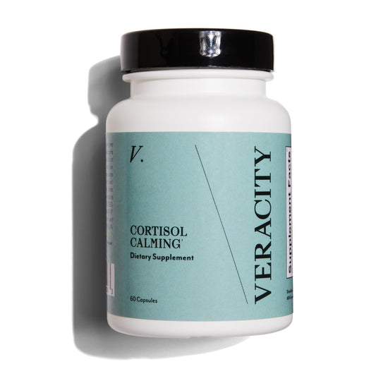 Veracity Cortisol Calming bottle showing the natural stress support formula.