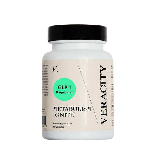 Veracity Metabolism Ignite bottle front displaying GLP-1 support label.