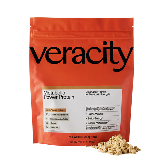 Veracity SelfCare vanilla cinnamon protein bottle highlights a rich flavor and quick, plant-based breakfast.