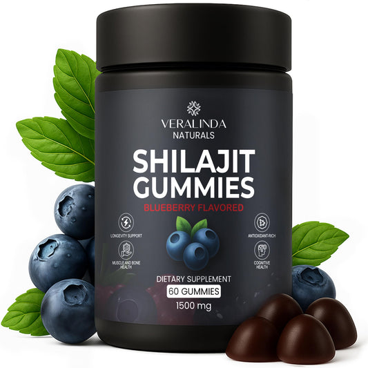 Veralinda Naturals Shilajit Gummies bottle for convenient vegan energy support