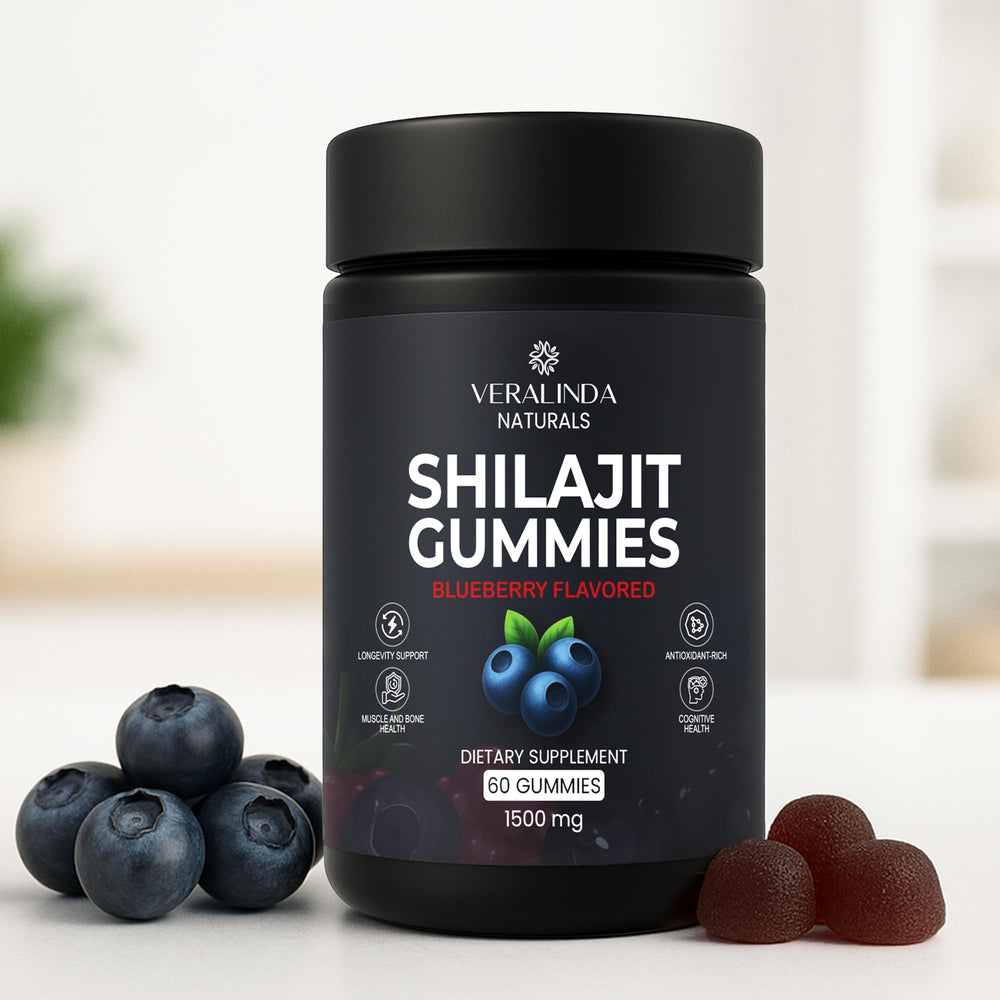 Veralinda Naturals Shilajit Gummies packaging card shows gluten-free and non-GMO attributes
