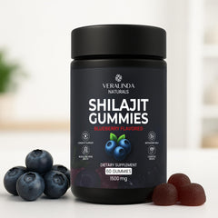 Veralinda Naturals Shilajit Gummies packaging card shows gluten-free and non-GMO attributes