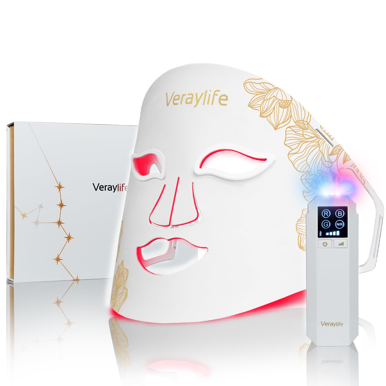Veraylife red light mask close-up shows 432 LED beams for even facial light therapy