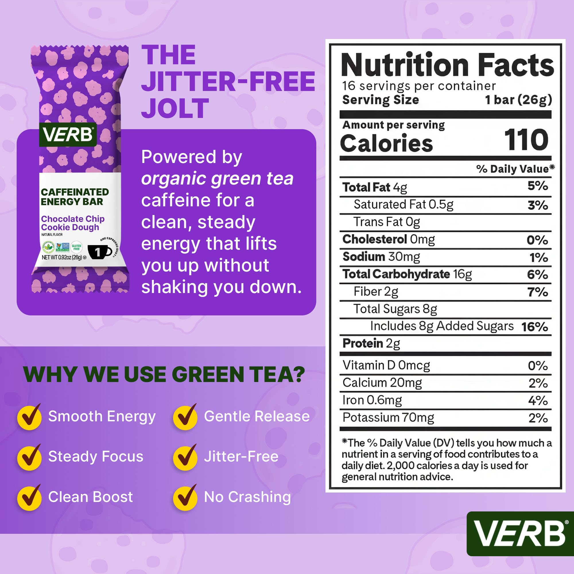 Verb Caffeinated Energy Bar close-up shows chocolate chips and cookie dough texture for flavor