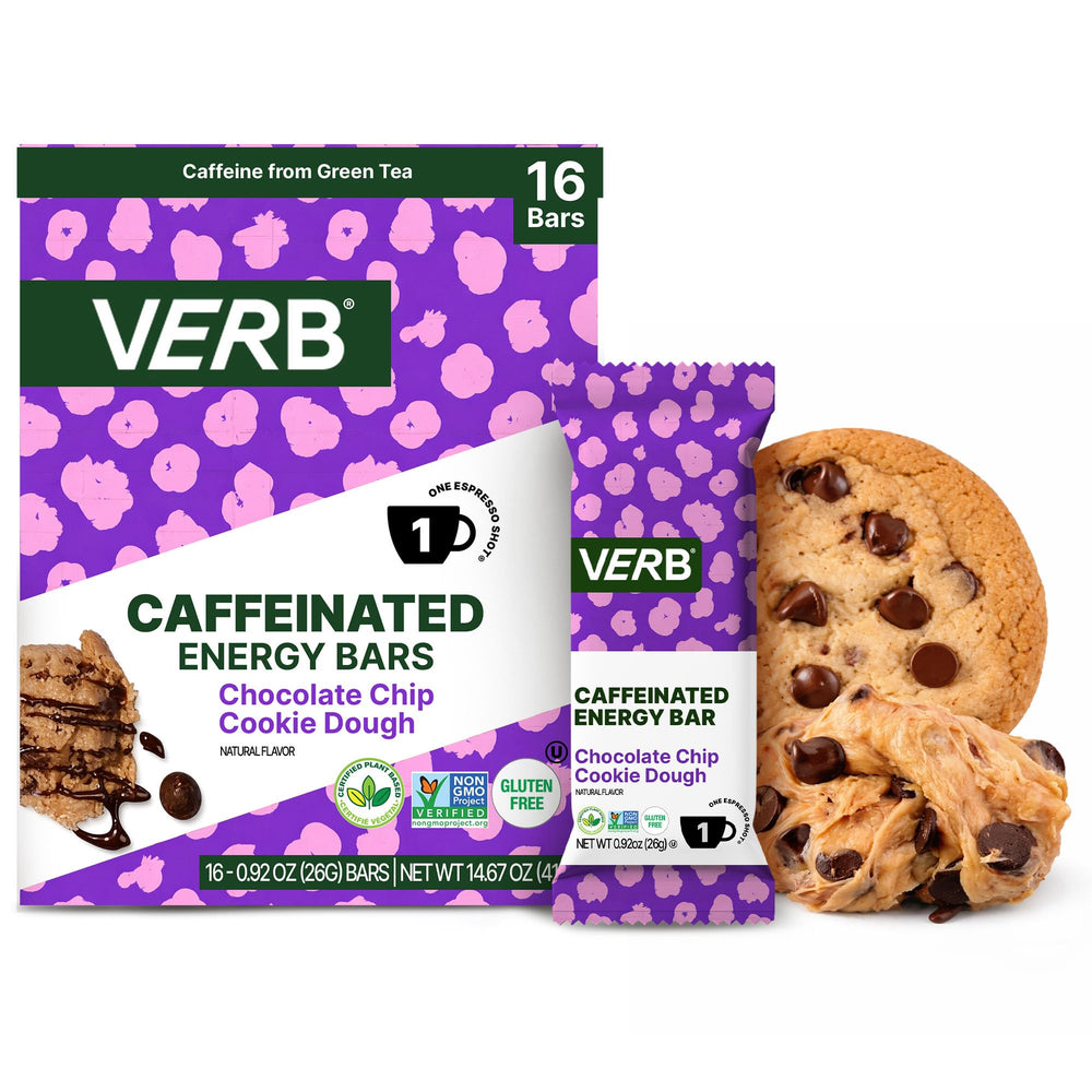 Verb Caffeinated Energy Bar pack shot highlights gluten-free, portable fueling for on-the-go days