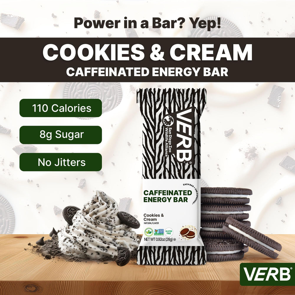 Hand holding a Verb Cookies & Cream bar for a quick energy boost