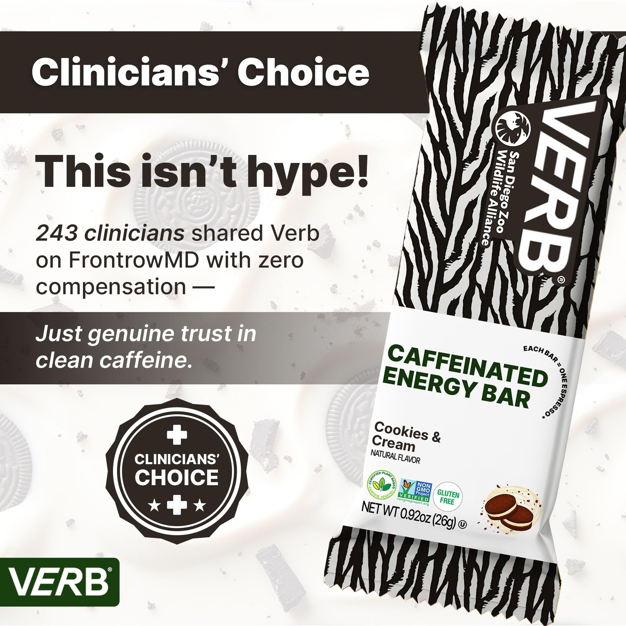 Ingredients for Verb Cookies & Cream including gluten-free oats and natural sweeteners