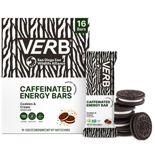 Verb caffeinated energy bar Cookies & Cream pack front shows convenient on-the-go nutrition