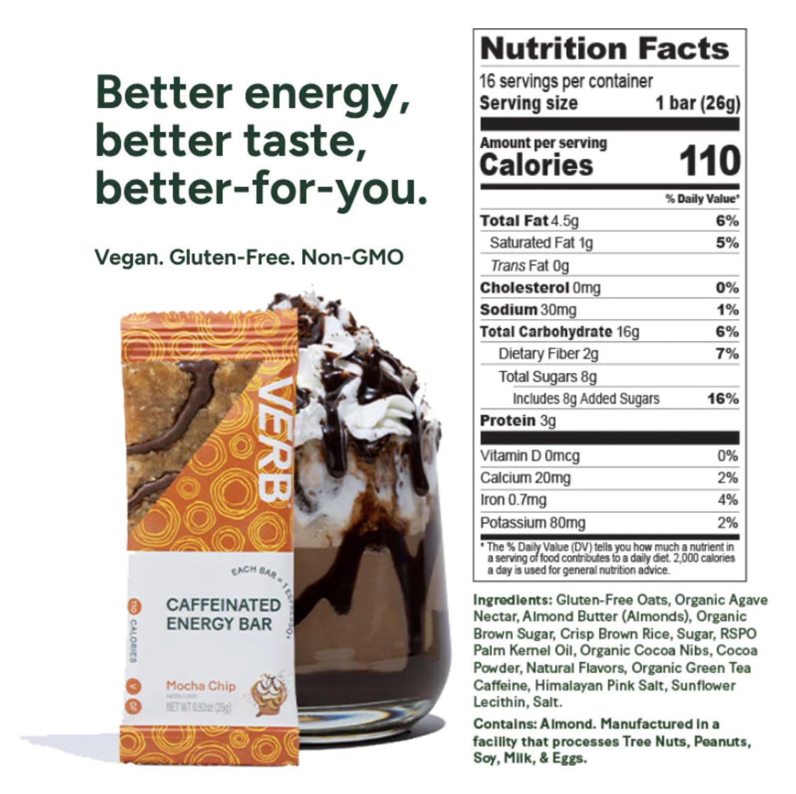 Verb Caffeinated Energy Bar Mocha Chip on the counter front, ready for on-the-go focus.