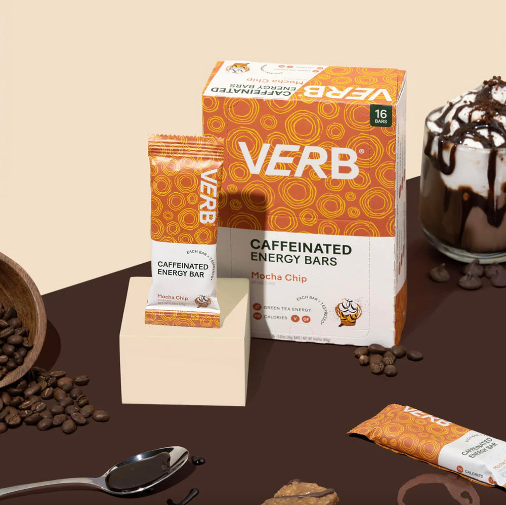 Verb Caffeinated Energy Bar Mocha Chip close-up shows chocolate chips and pink salt for balance.
