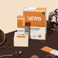 Verb Caffeinated Energy Bar Mocha Chip close-up shows chocolate chips and pink salt for balance.