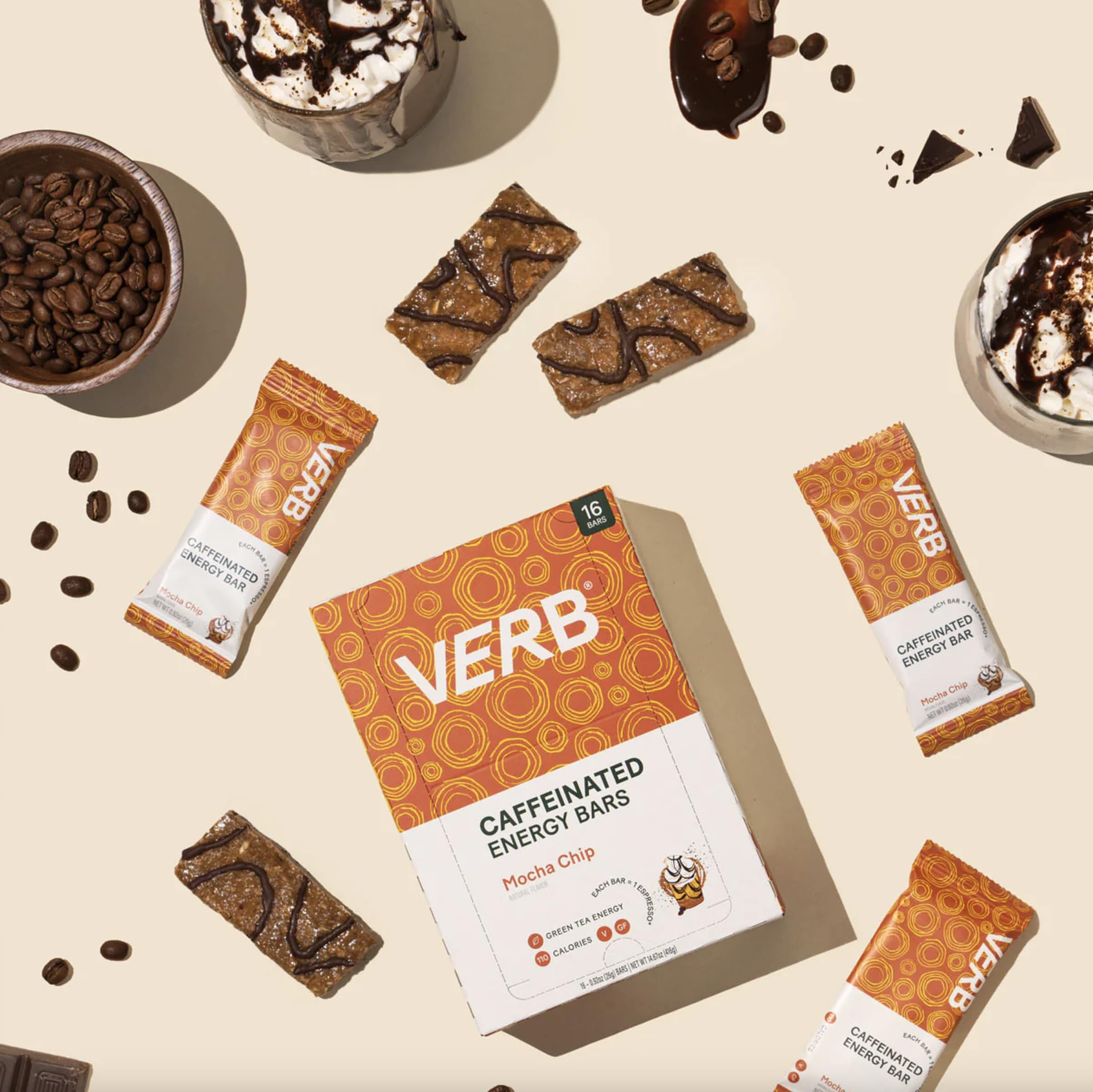 Verb Caffeinated Energy Bar Mocha Chip ingredients emphasize gluten-free oats and natural caffeine.