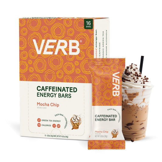 Verb Caffeinated Energy Bar Mocha Chip packaging highlights clean ingredients for a convenient energy boost.