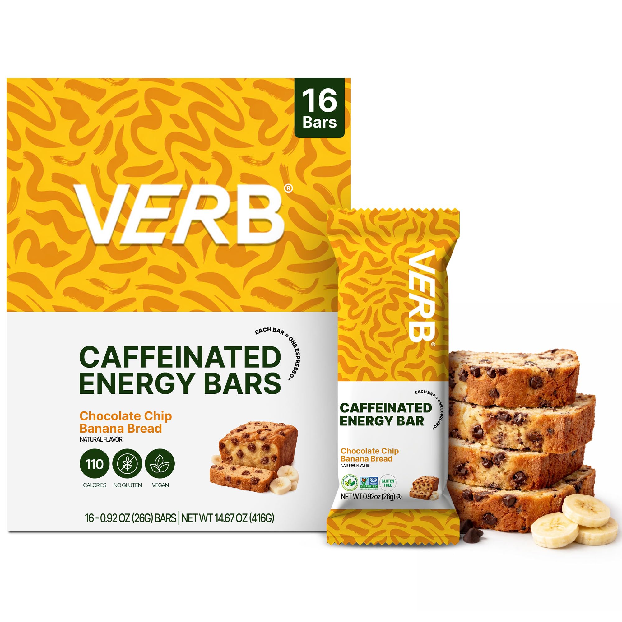 Verb Caffeinated Energy Bar Chocolate Chip Banana Bread bar on a desk for focused work