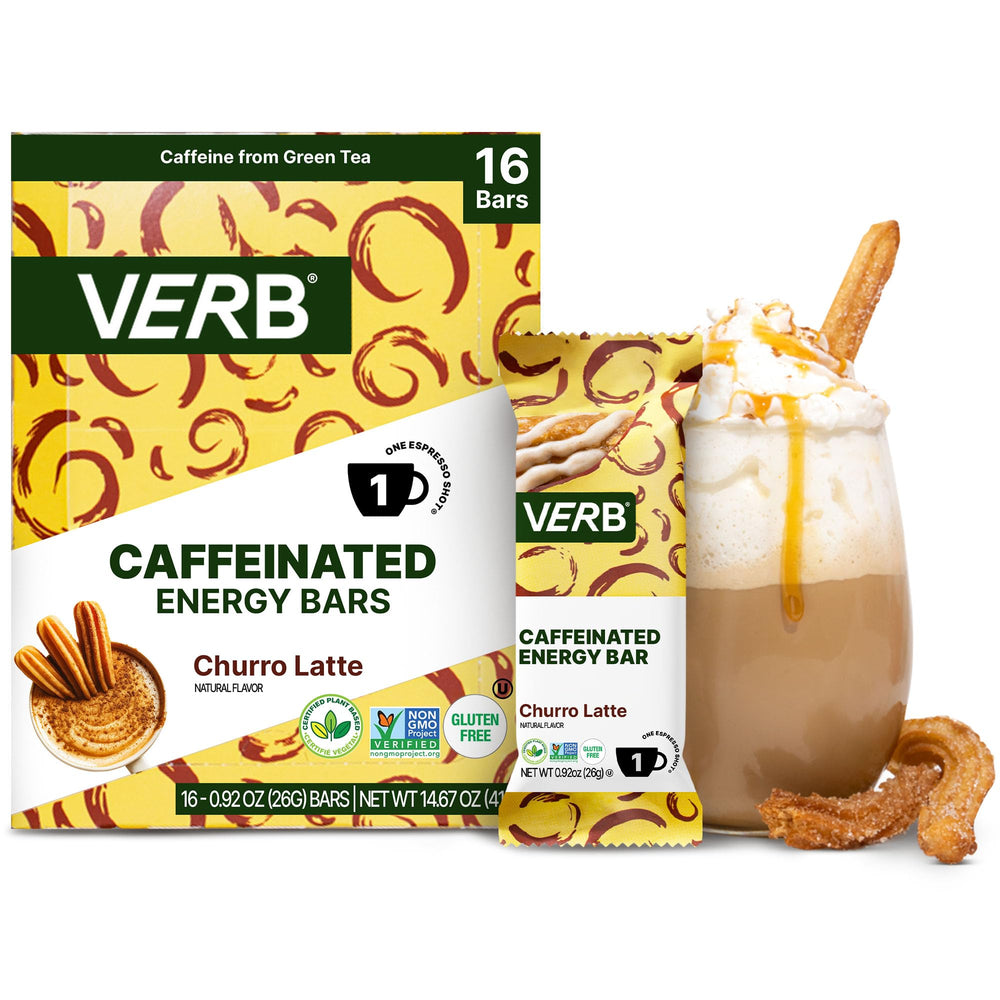 Verb Energy Bar churro latte bar close-up reveals chewy texture and real-food ingredients.