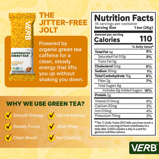 Verb Caffeinated Energy Bar packaging shows 16 bars for on-the-go nutrition