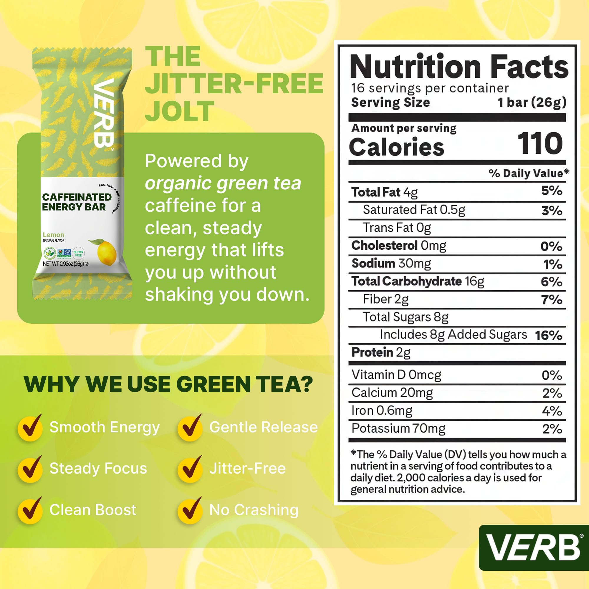 Verb Caffeinated Lemon Energy Bar closeup-texture highlighting gluten-free oats and peanut butter.