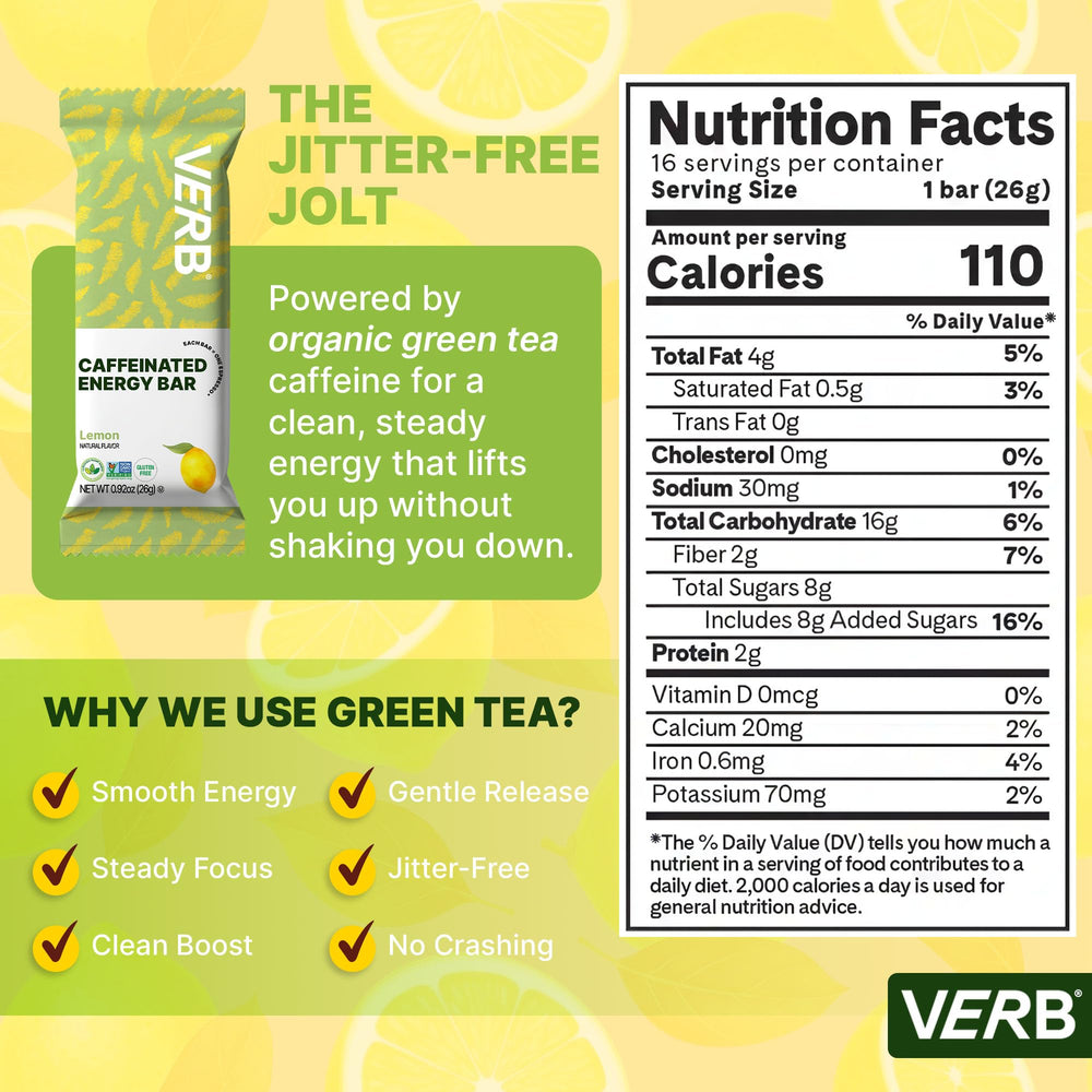 Verb Caffeinated Lemon Energy Bar closeup-texture highlighting gluten-free oats and peanut butter.
