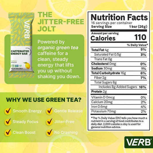 Verb Caffeinated Lemon Energy Bar closeup-texture highlighting gluten-free oats and peanut butter.
