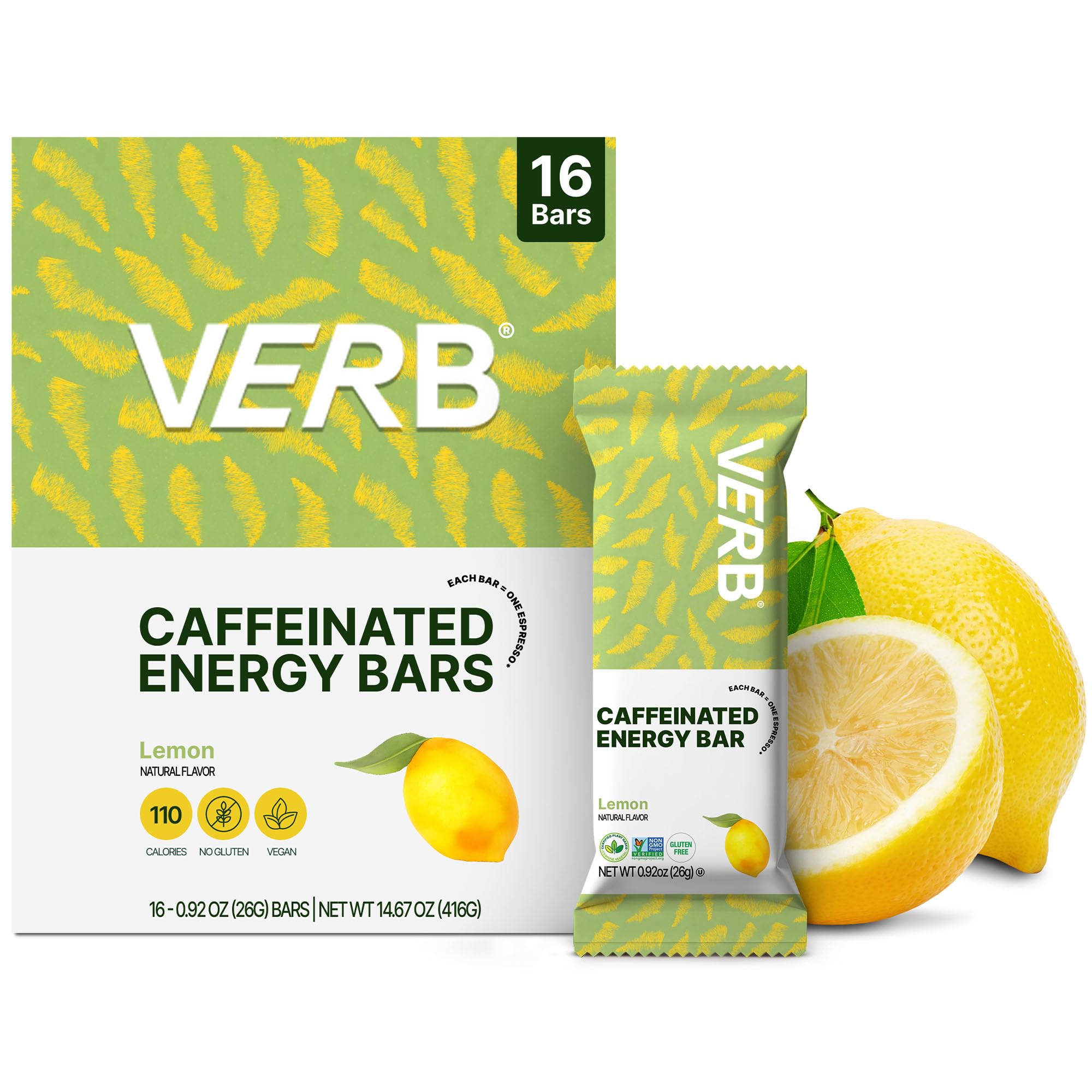 Verb Caffeinated Lemon Energy Bar pack-16 front view for on-the-go energy boost.
