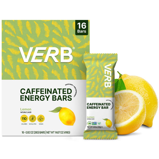 Verb Caffeinated Lemon Energy Bar pack-16 front view for on-the-go energy boost.