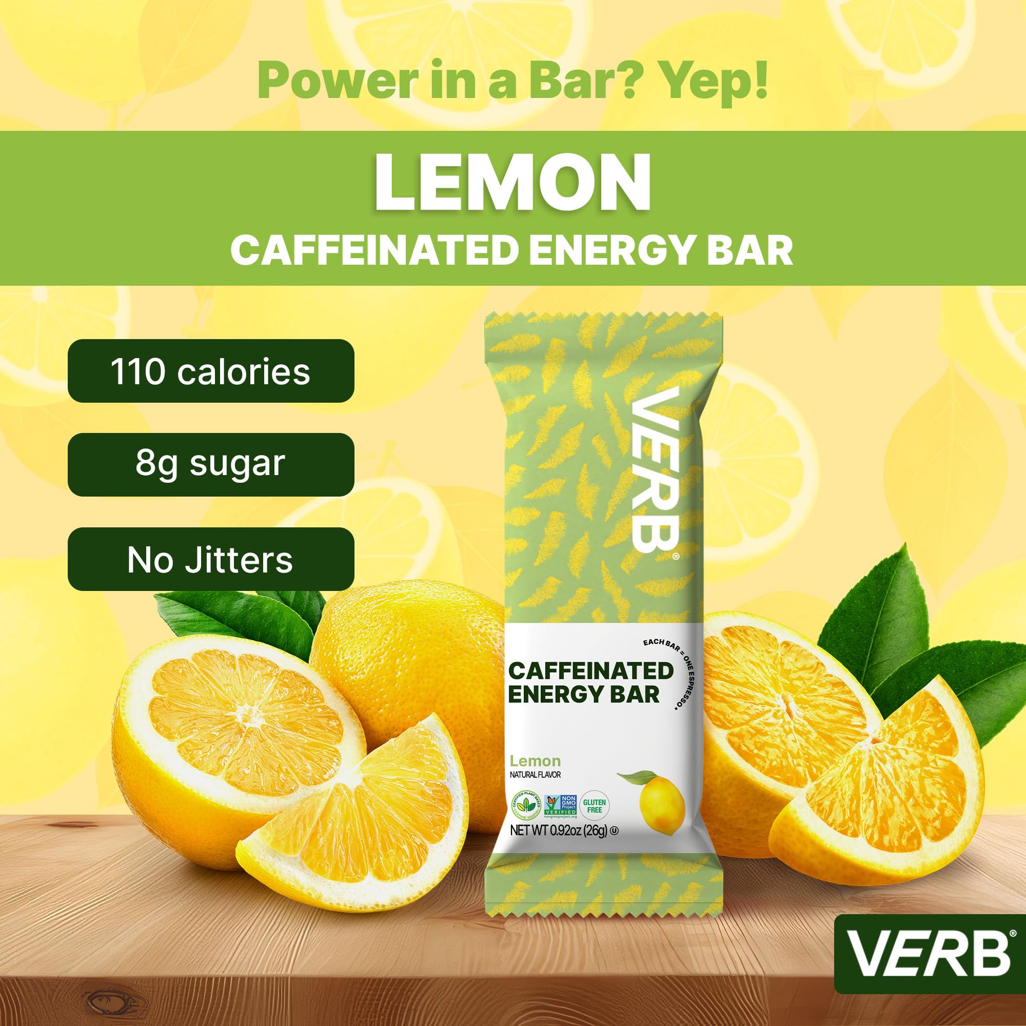 Verb Caffeinated Lemon Energy Bar pack-front label emphasizes 110 calories.
