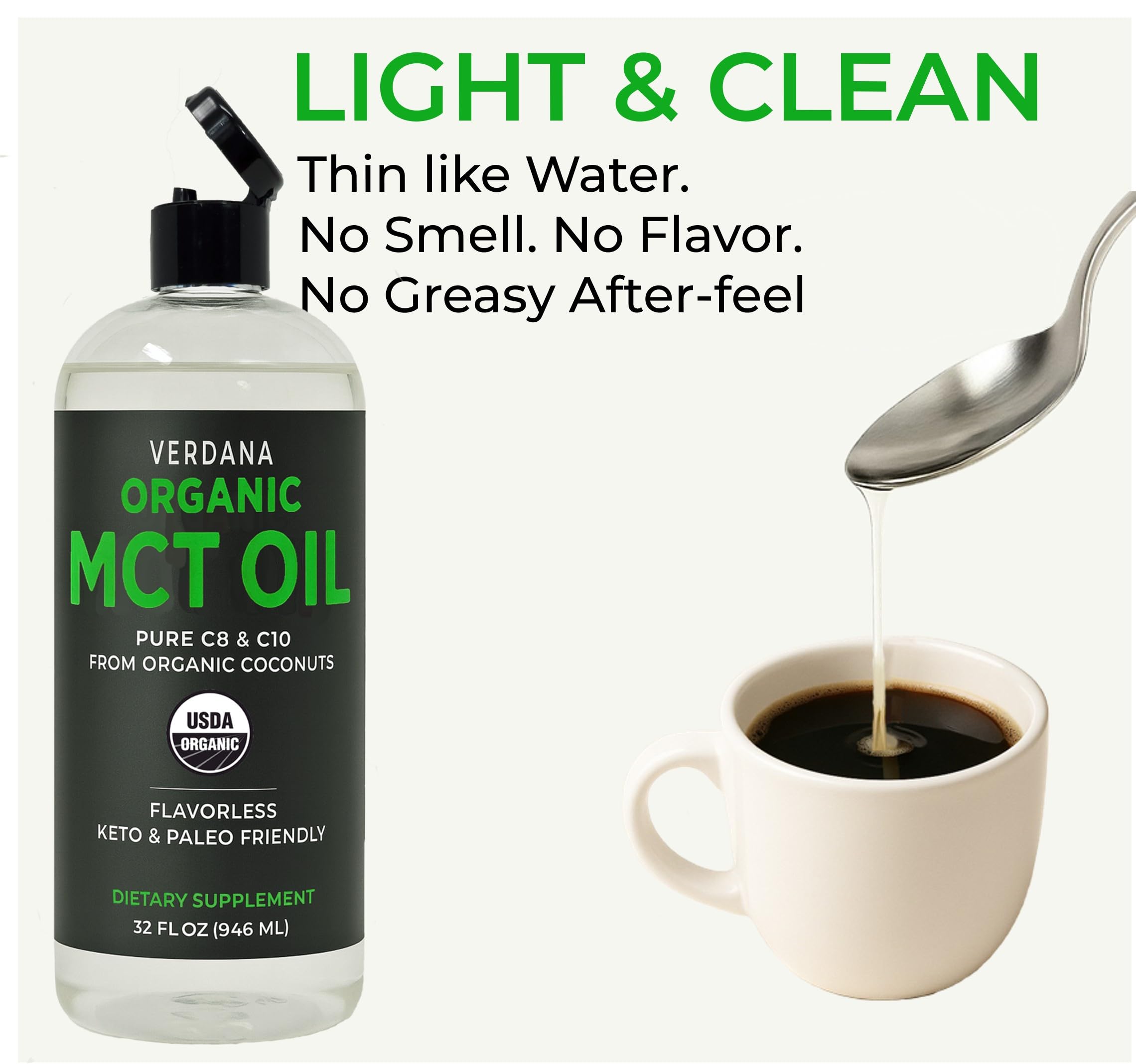 Verdana MCT Oil poured into a smoothie for a light, clean mouthfeel