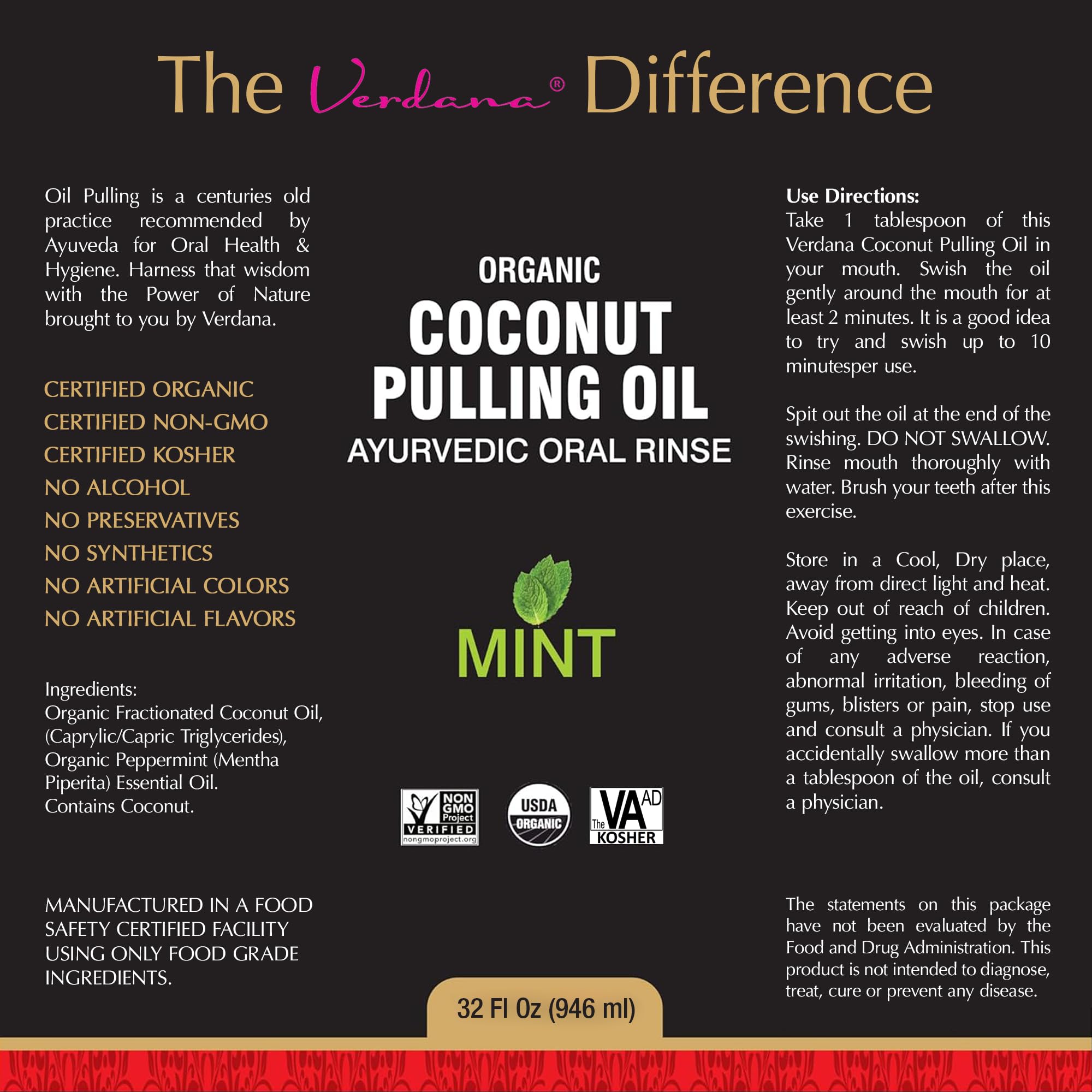 Verdana Mint Oil Pulling 32oz bottle emphasizes value for daily routines.