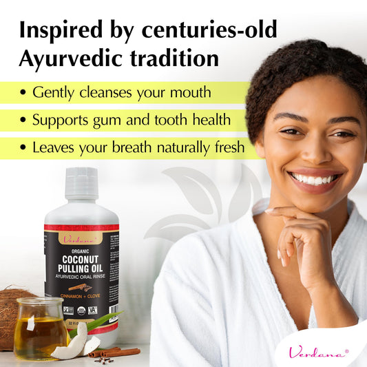 Pouring Verdana oil pulling mouthwash for a clean mouth feel and daily refresh