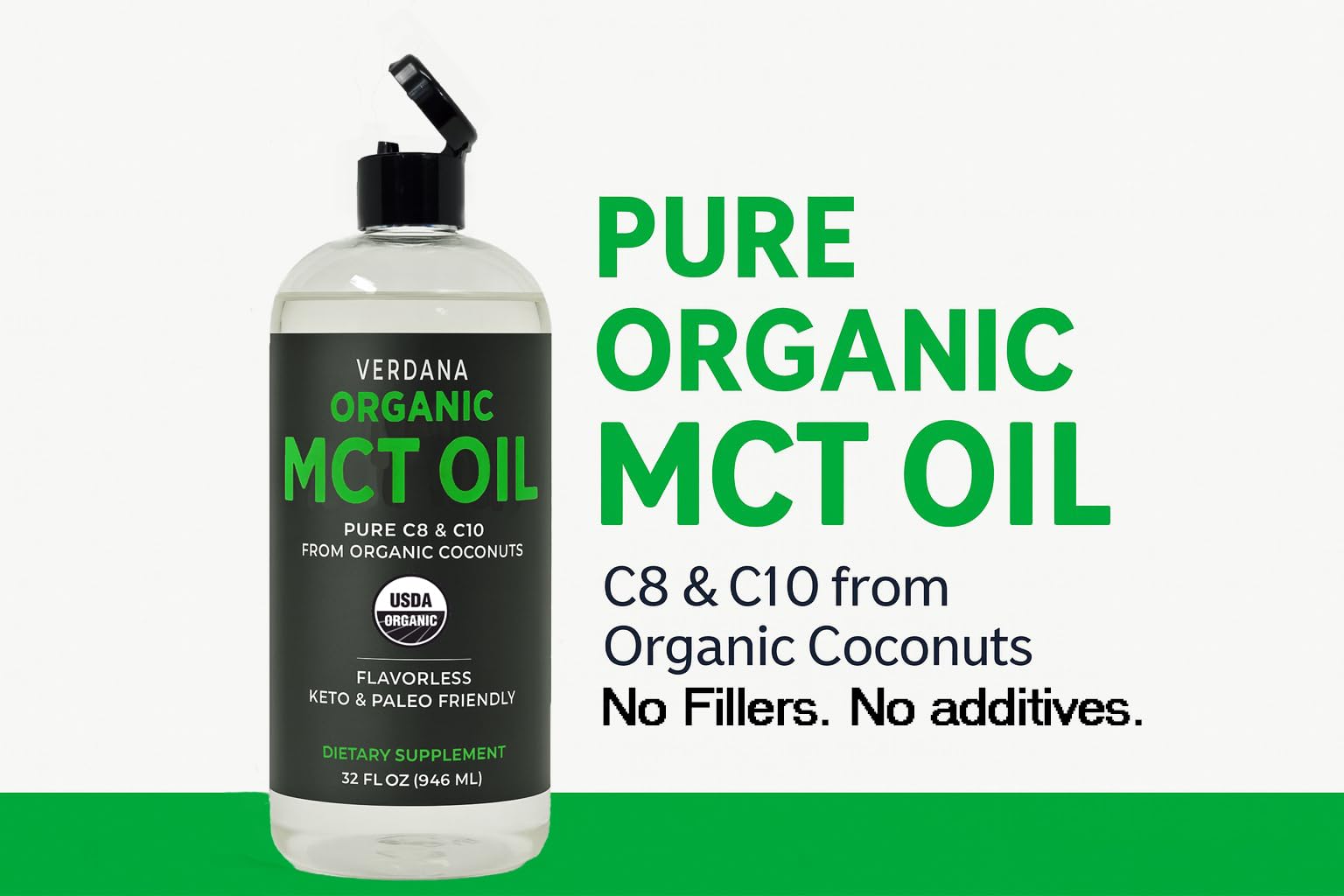 Verdana Organic MCT Oil being poured into a glass for coffee or smoothies