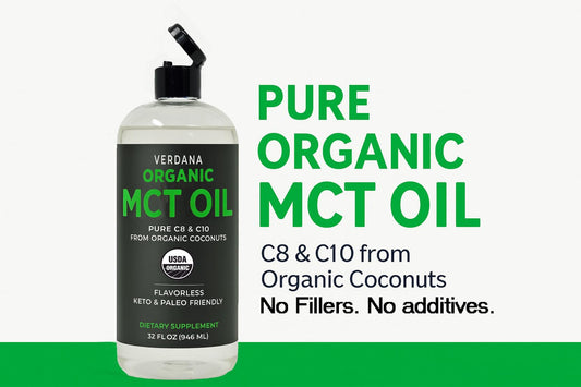 Verdana Organic MCT Oil being poured into a glass for coffee or smoothies