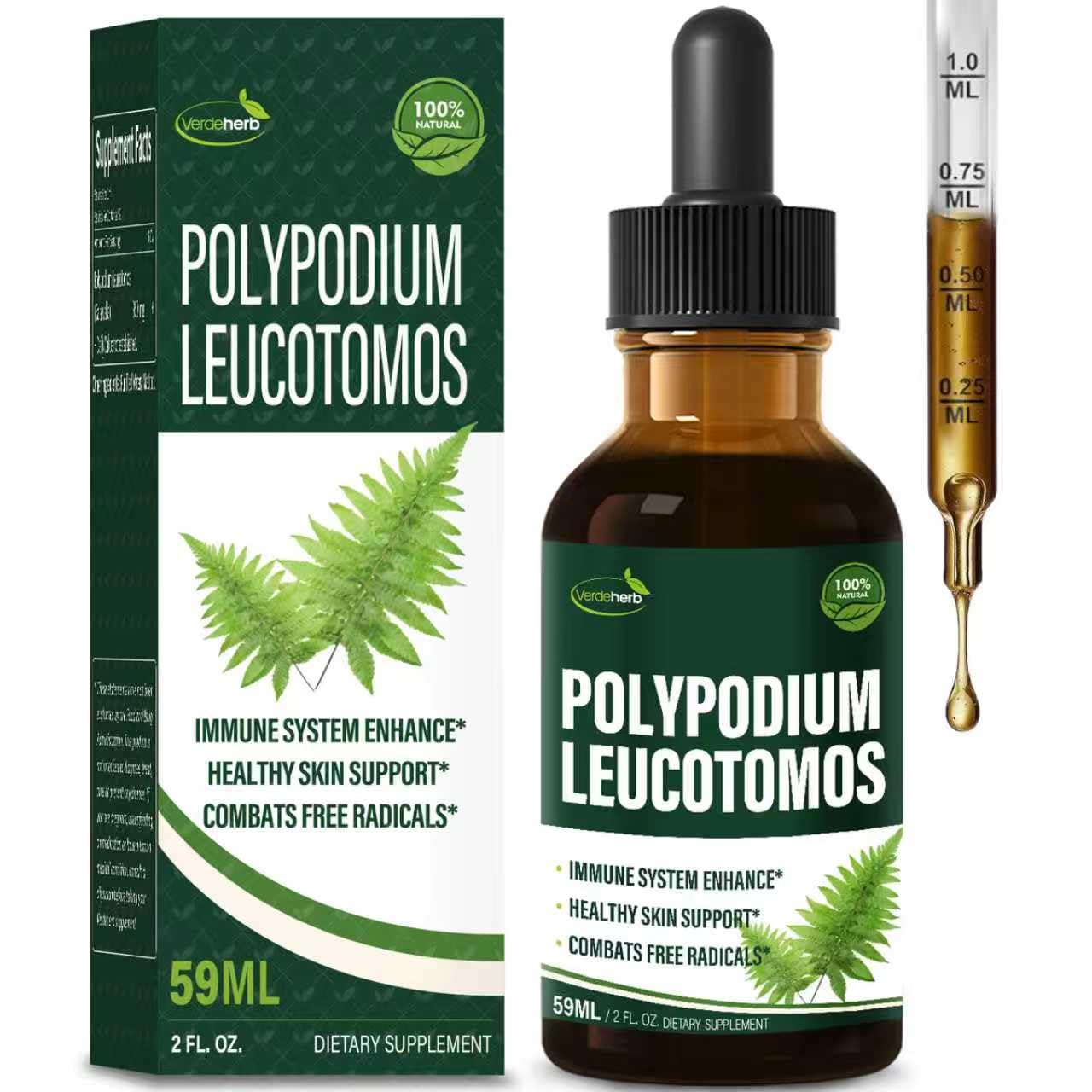 Verdeherb drops bottle shows premium Polypodium leucotomos for immune support