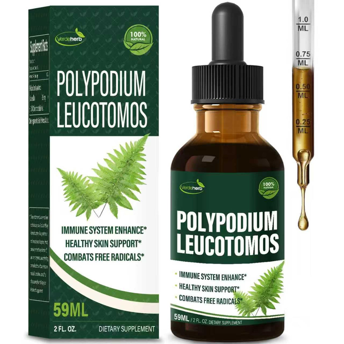 Verdeherb drops bottle shows premium Polypodium leucotomos for immune support