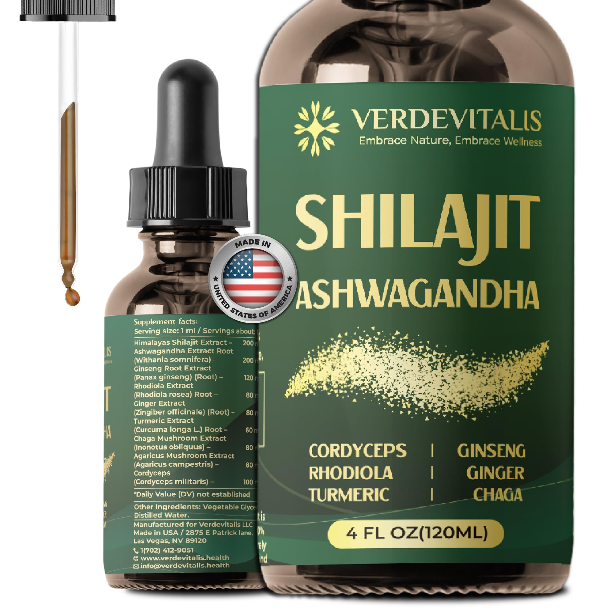 VERDEVITALIS shilajit liquid drops bottle for daily energy and immunity support.