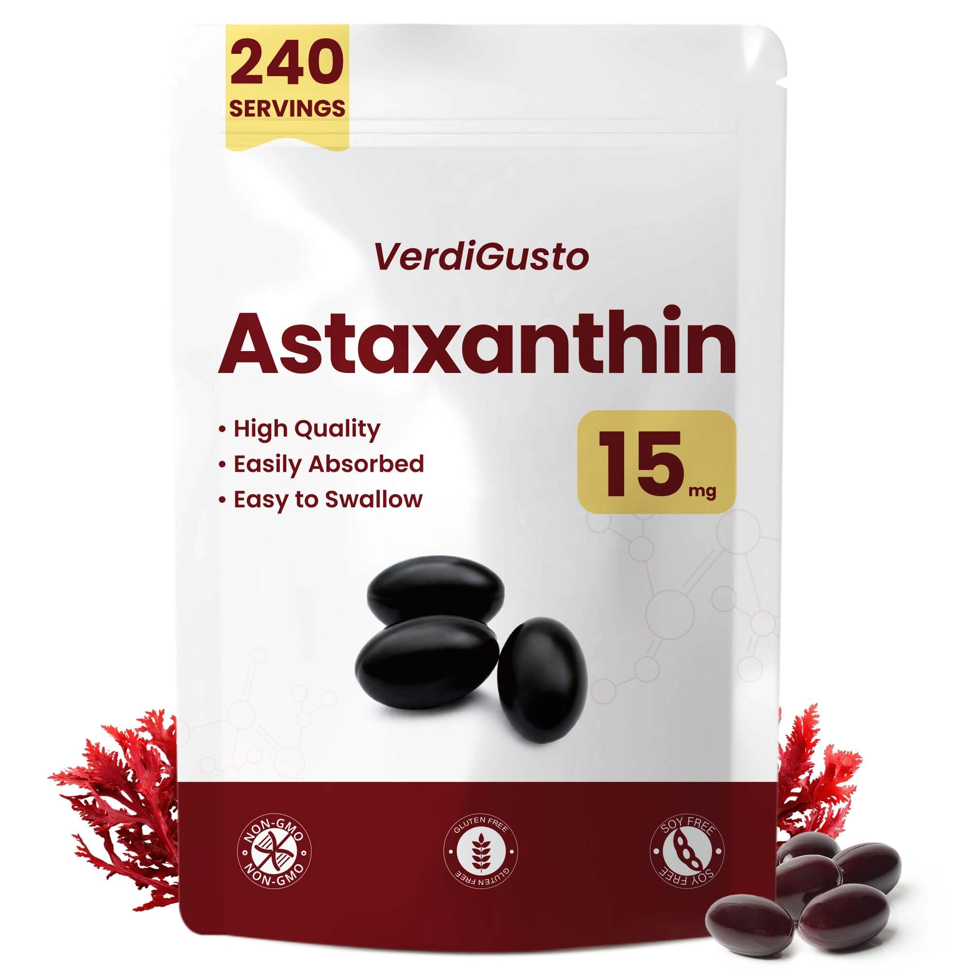 VerdiGusto 15mg astaxanthin softgels bottle highlighting antioxidant support for daily wellness