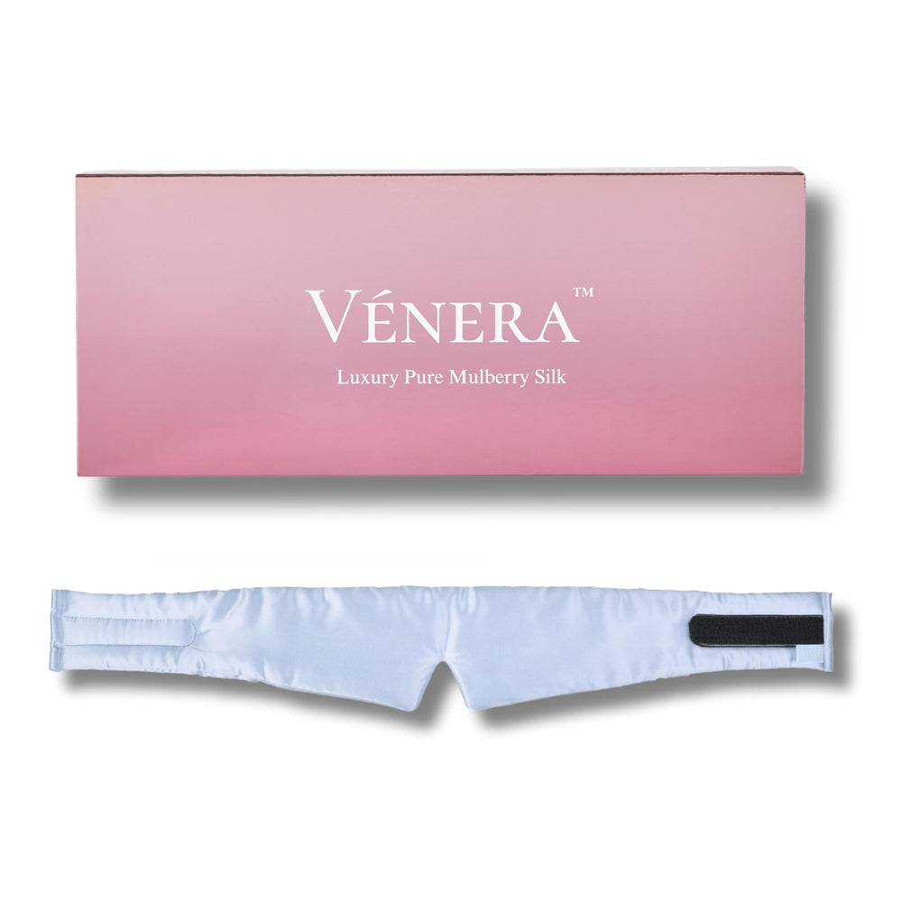 Verena silk eye mask cloud blue triple padding promotes breathable, cool comfort overnight.