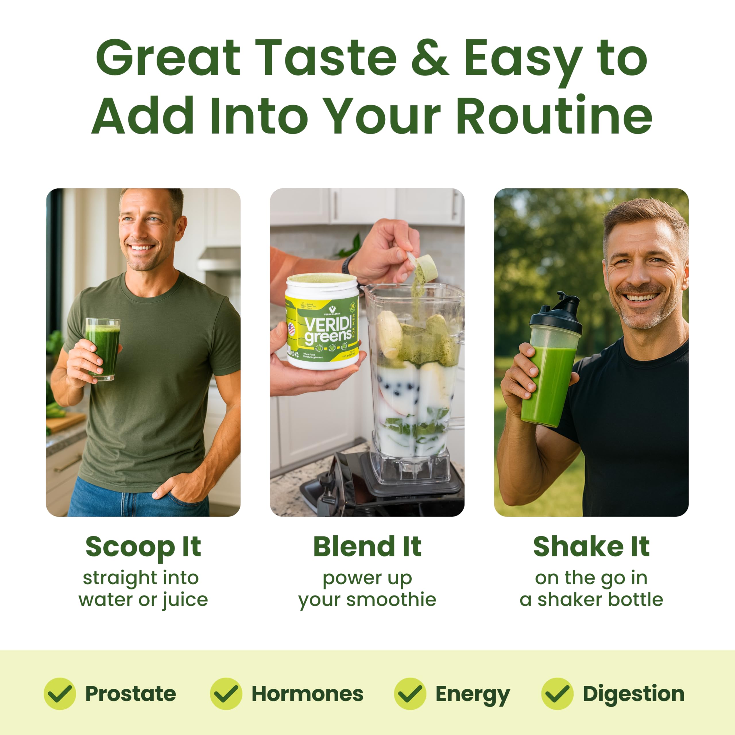 Morning routine with Veridi Greens for daily vitality.