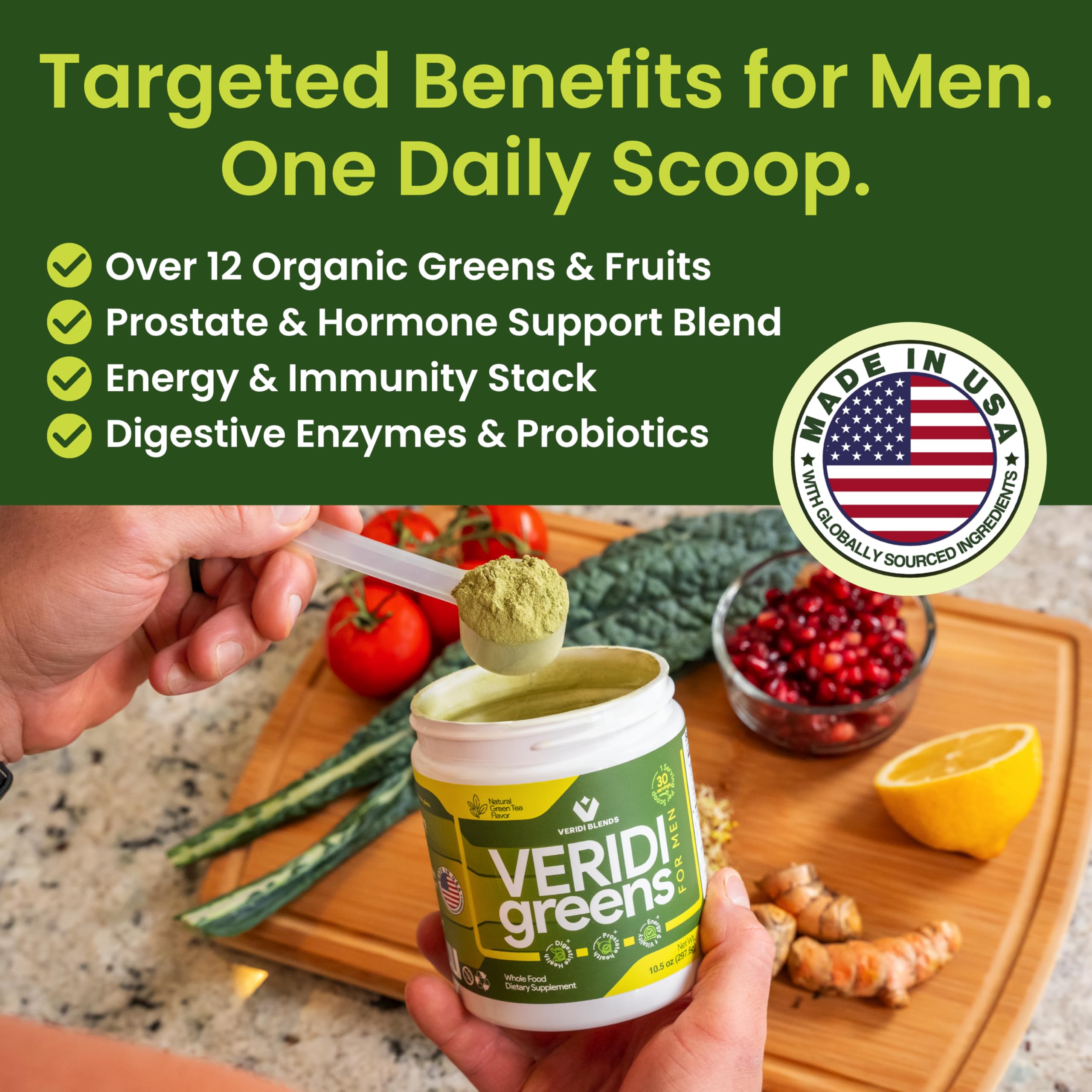 Saw Palmetto and zinc components listed in Veridi Greens ingredients.