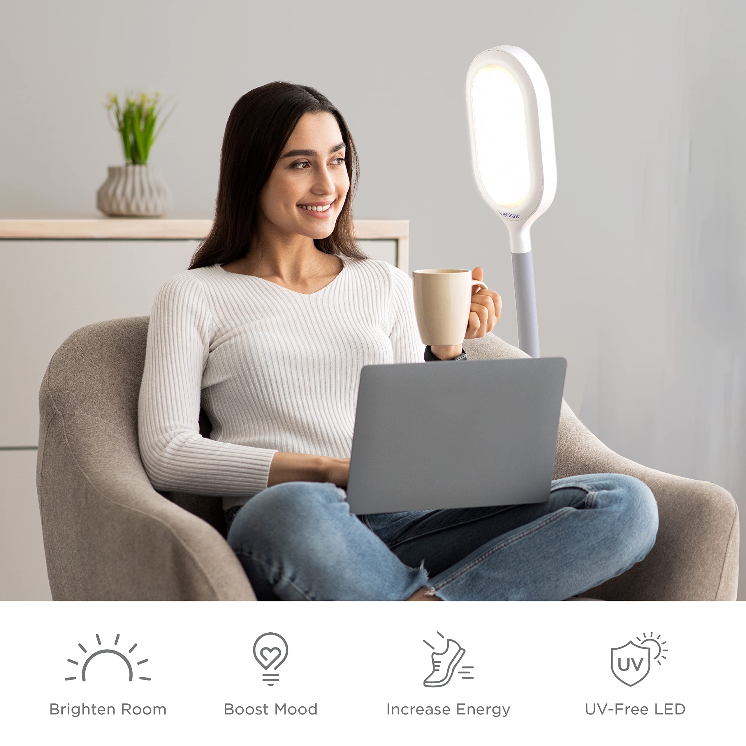 Verilux HappyLight Duo gooseneck flex demonstrates flexible positioning for desk tasks and reading comfort.