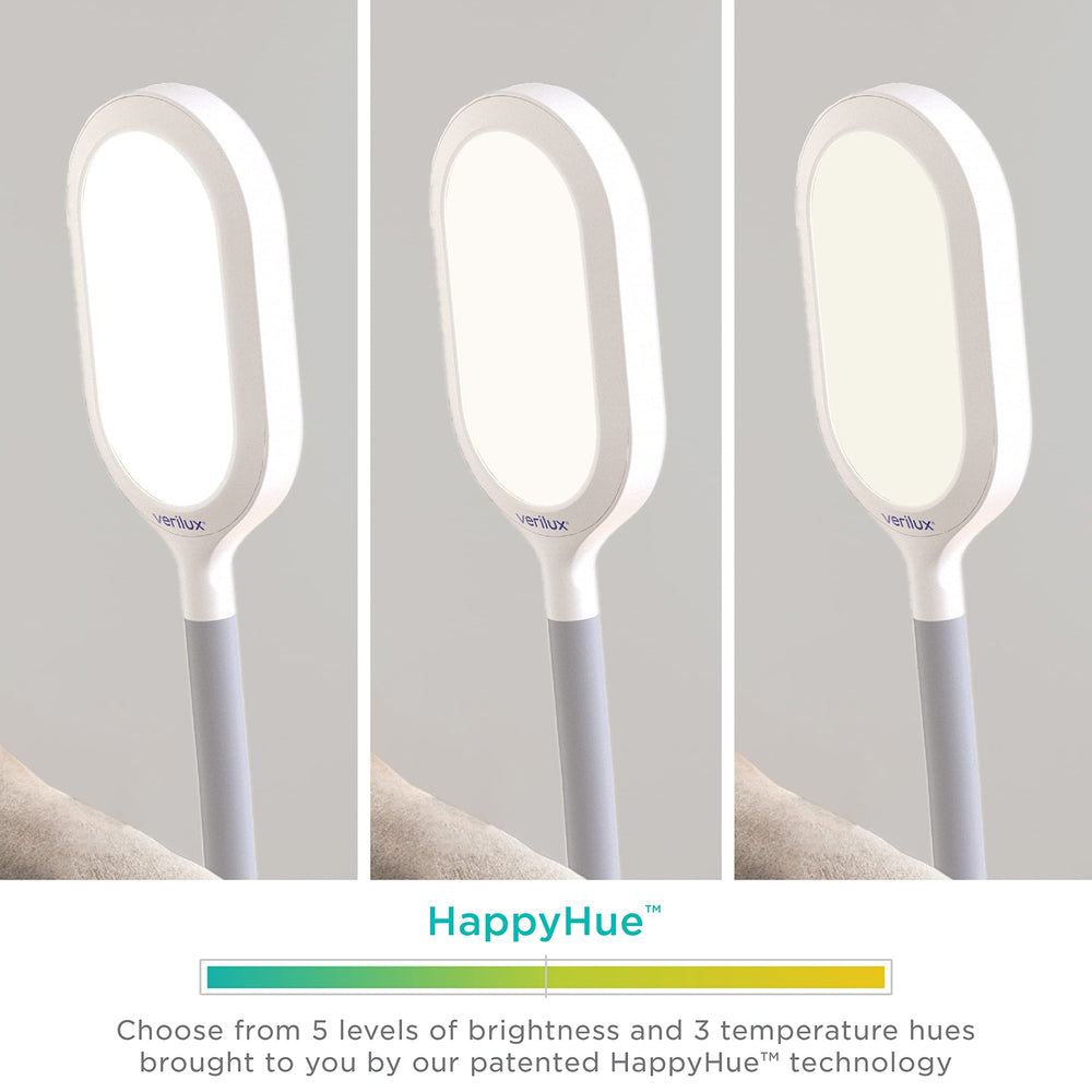 Verilux HappyLight Duo height adjustment enables comfortable placement at eye level.