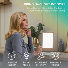 Verilux HappyLight Luxe controls closeup with adjustable brightness and color temperature options.