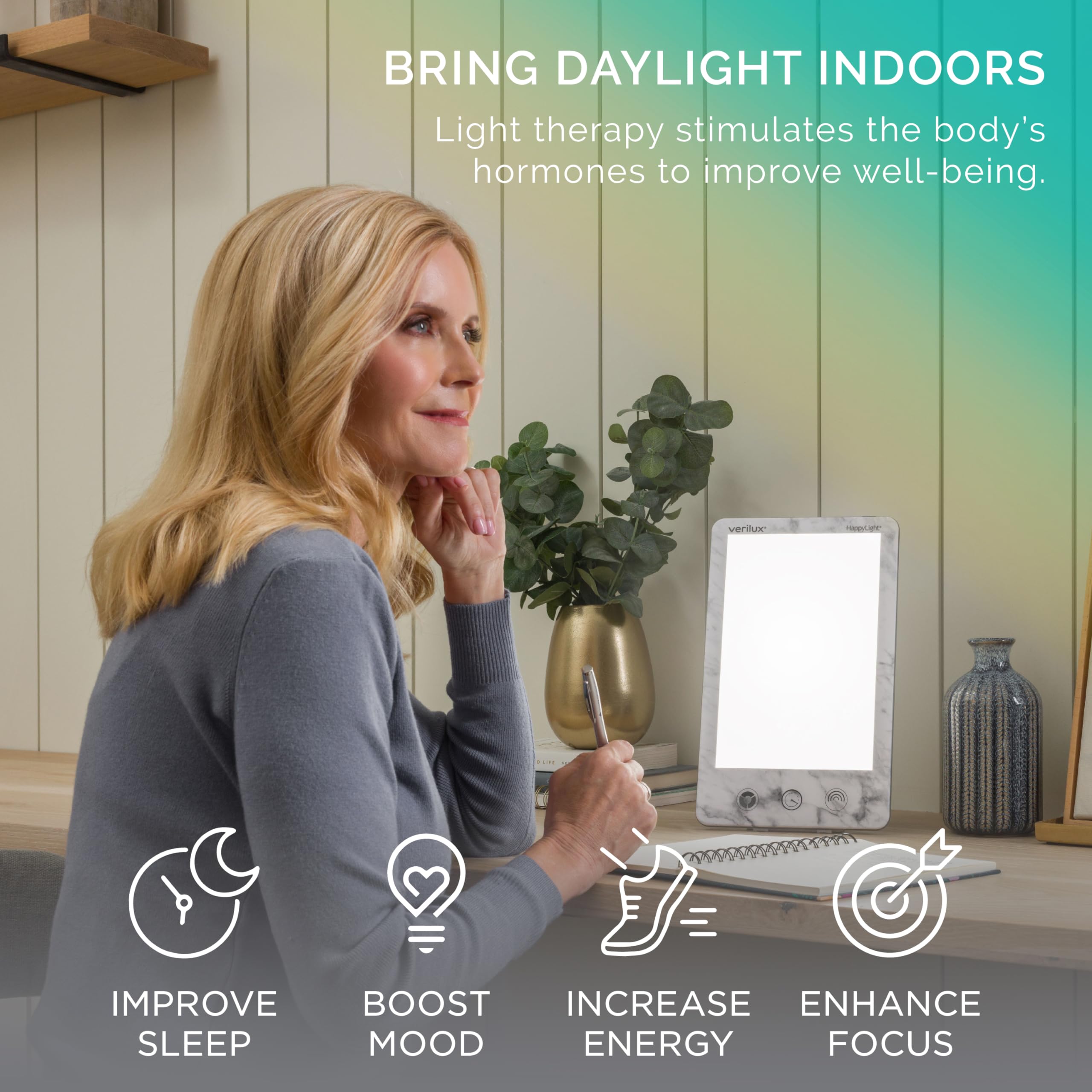 Verilux HappyLight Luxe controls close-up, showing adjustable brightness for personalized light therapy.