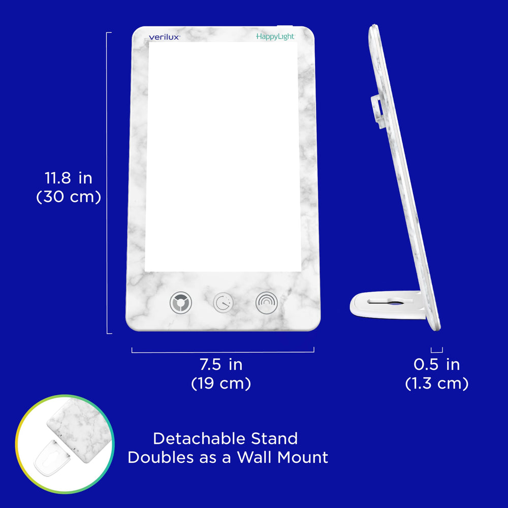 Verilux HappyLight Luxe detachable stand, versatile placement on desk or shelf.