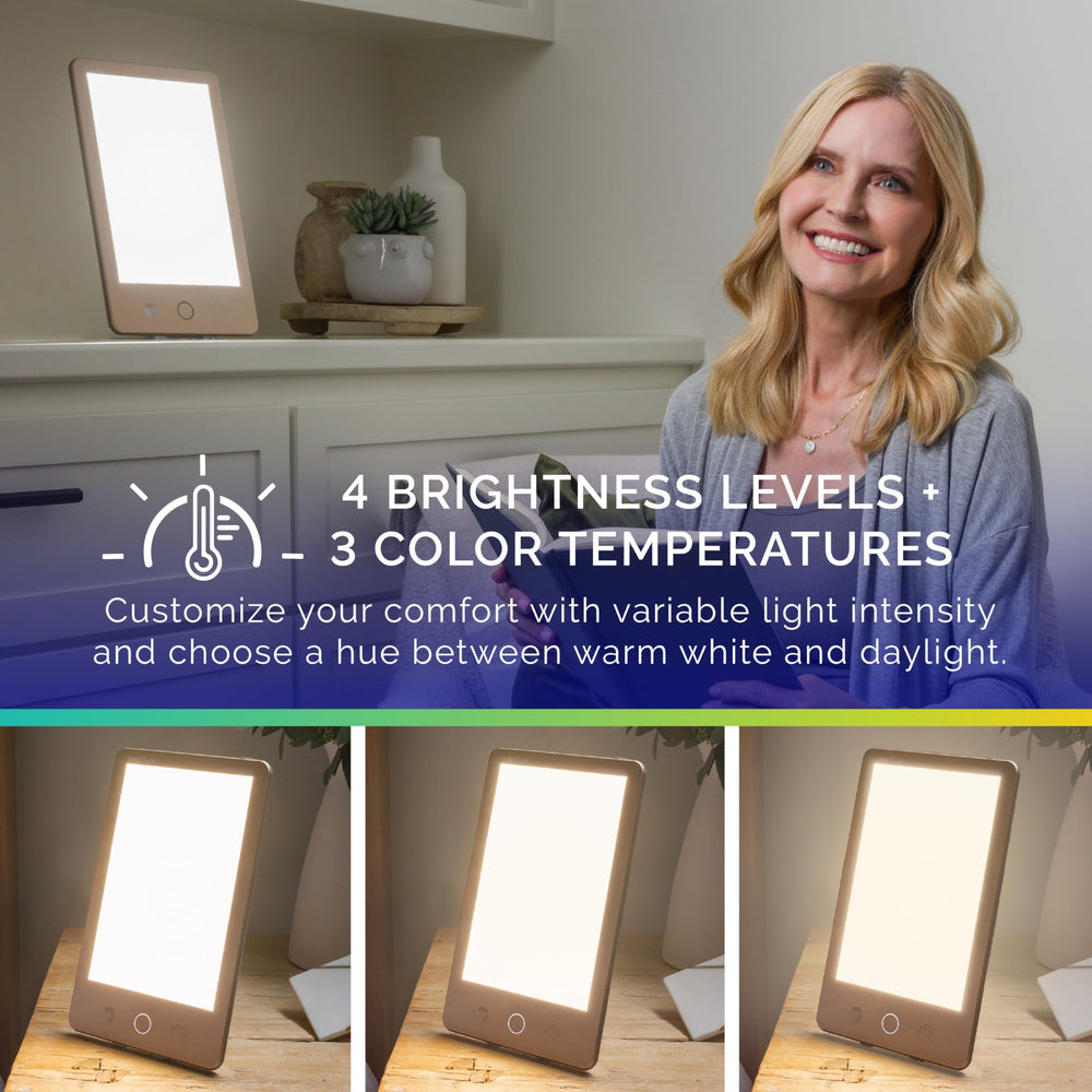 Verilux HappyLight Luxe detachable stand demonstrates versatile setup for home or office light therapy.