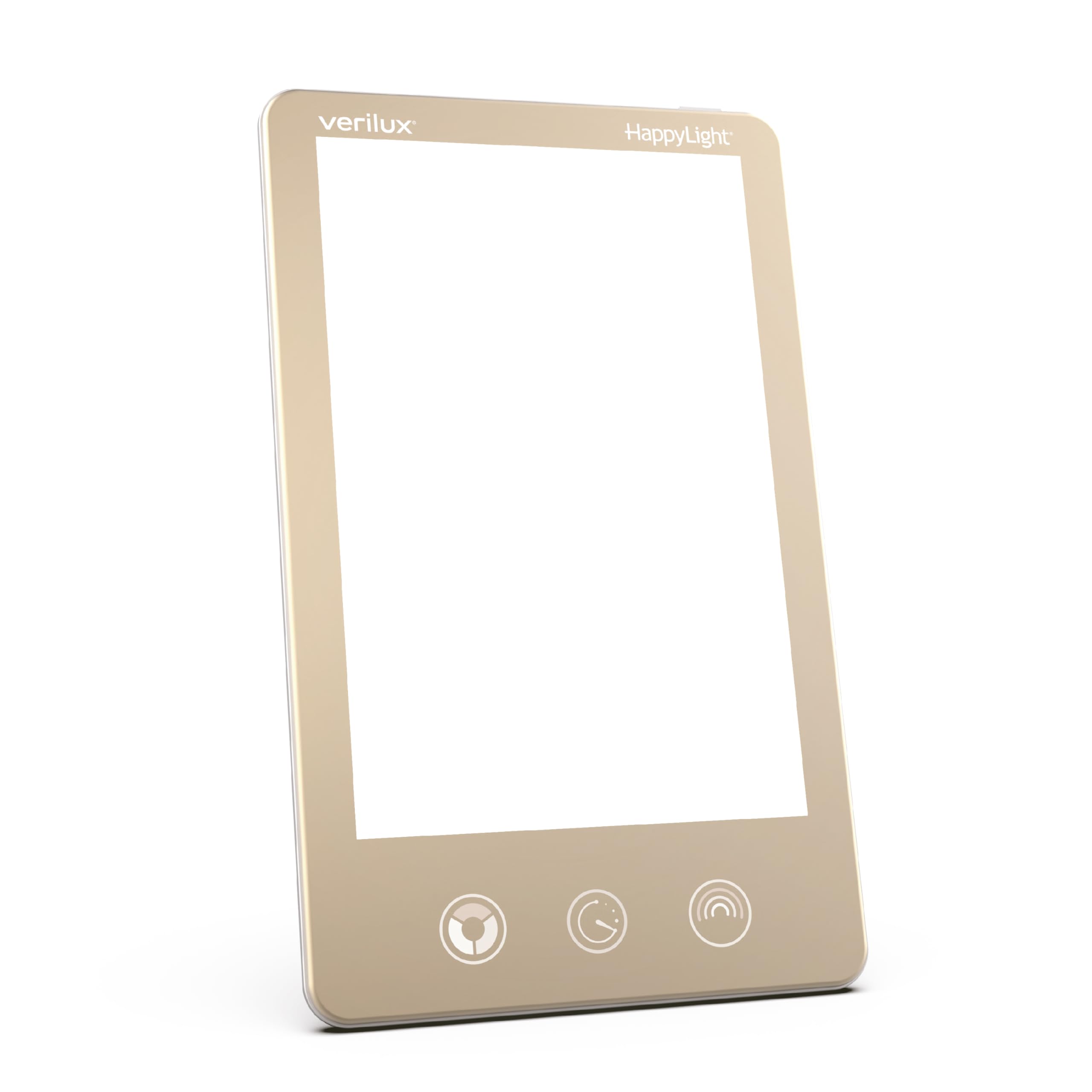Verilux HappyLight Luxe front view showing bright UV-free light for mood and focus.