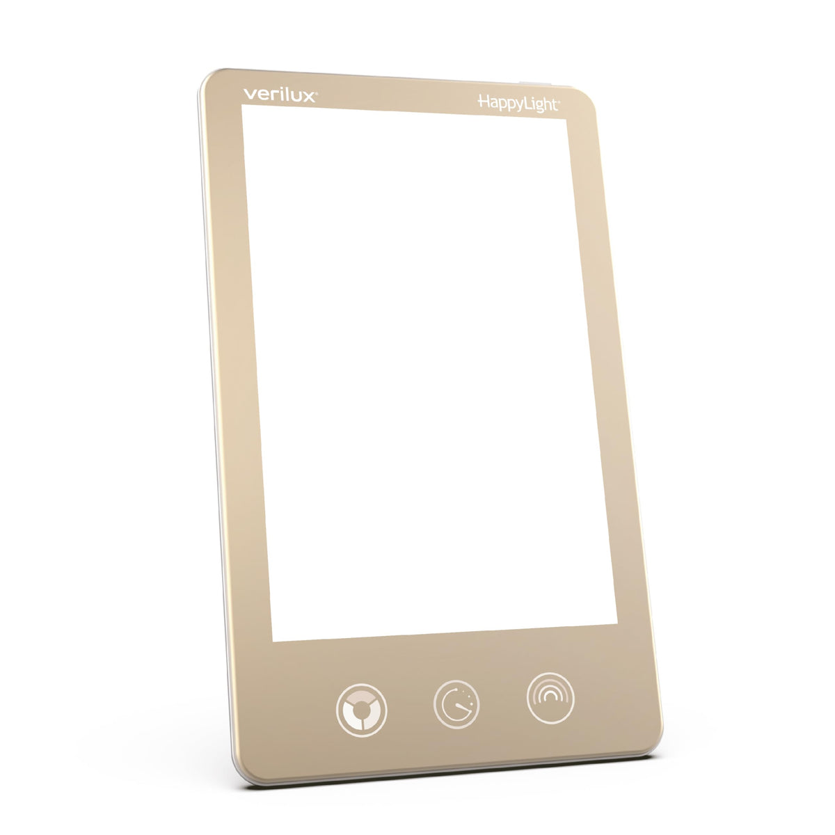 Verilux HappyLight Luxe front view showing bright UV-free light for mood and focus.