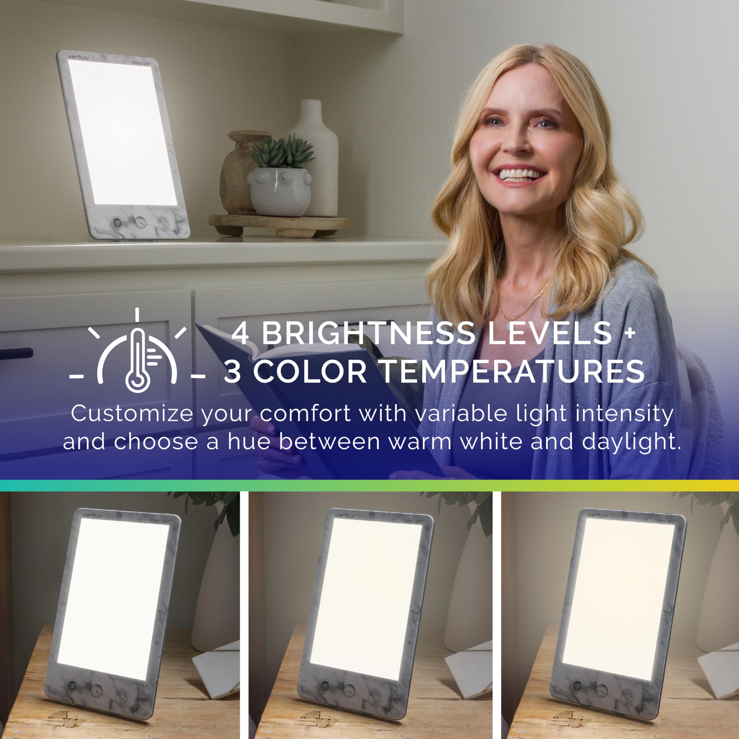 Verilux HappyLight Luxe timer screen, easy 1-hour countdown for routine light sessions.