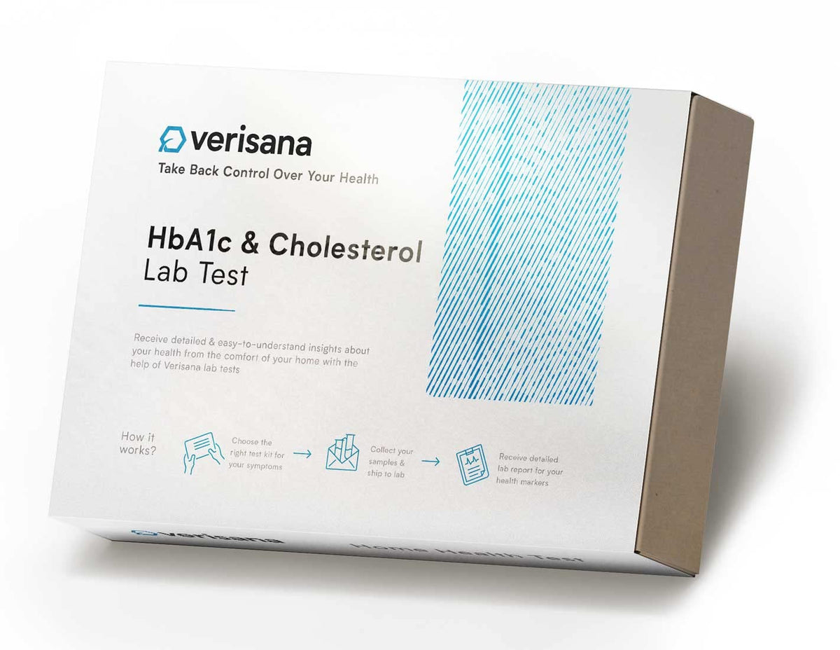 Verisana HbA1c & Cholesterol test kit front view for at‑home monitoring.